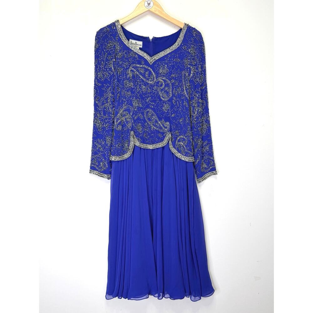 Vintage 80s Jack Bryan Beaded Chiffon Gown 4 Cobalt Blue Formal Art Deco Dress
